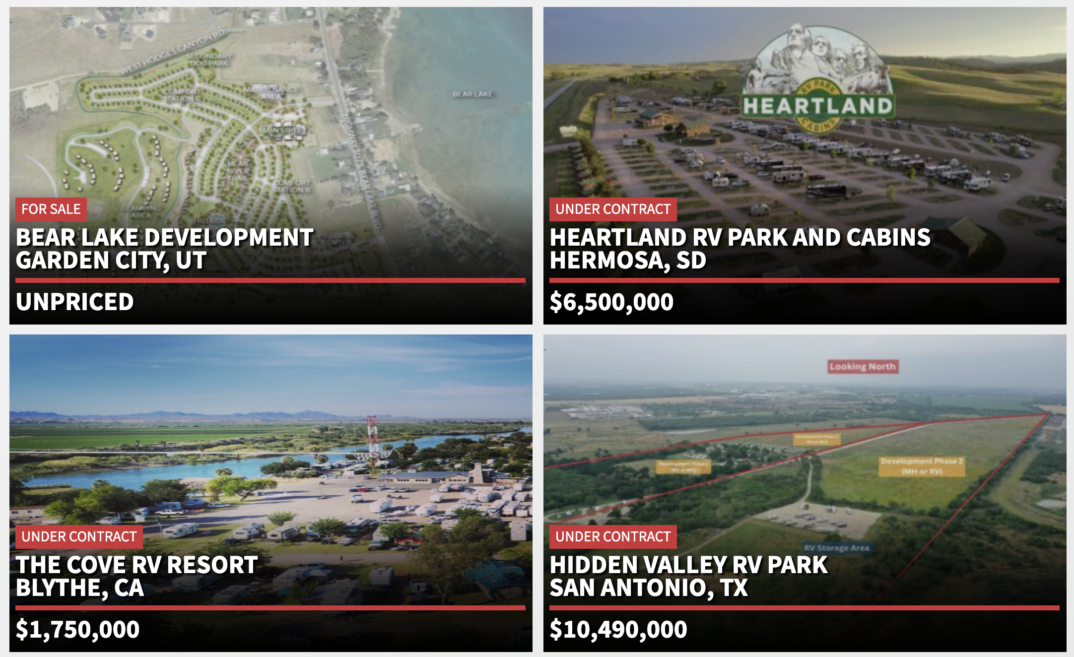 A real estate listing featuring four outdoor hospitality properties, some for sale and others under contract. The top left displays "Bear Lake Development" in Garden City, UT, marked as unpriced, with an aerial map of a planned RV park near Bear Lake. The top right shows "Heartland RV Park and Cabins" in Hermosa, SD, under contract for $6,500,000, with an image of a fully developed RV park with cabins and the Heartland logo. The bottom left features "The Cove RV Resort" in Blythe, CA, under contract for $1,750,000, with an image of an RV park next to a scenic river. The bottom right highlights "Hidden Valley RV Park" in San Antonio, TX, under contract for $10,490,000, with a labeled aerial image showing different development phases for RV and manufactured housing sites. age Outdoor Advisory provides expert feasibility studies and market insights to help investors make informed decisions on properties like these.